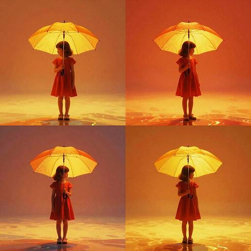 Photograph of a young girl in a red dress holding a glowing orange umbrella, standing against a fiery red-orange background. Four quadrants show various angles