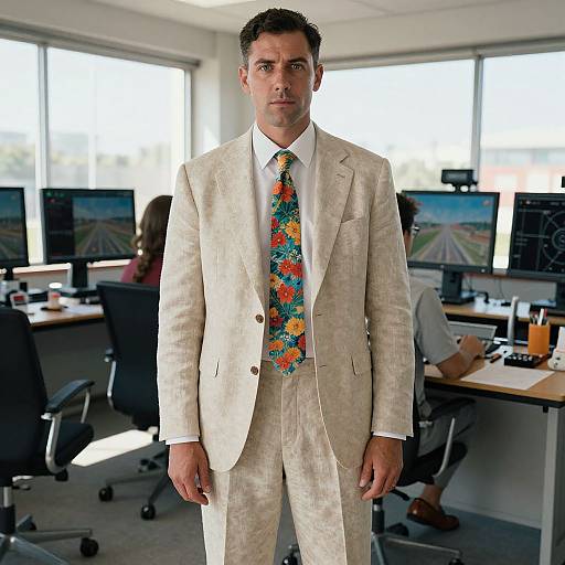 Photograph of a serious-looking man in a white suit with a colorful floral tie standing in a bright, modern office.