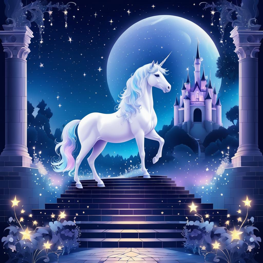 Enchanted Unicorn on Moonlit Castle Steps