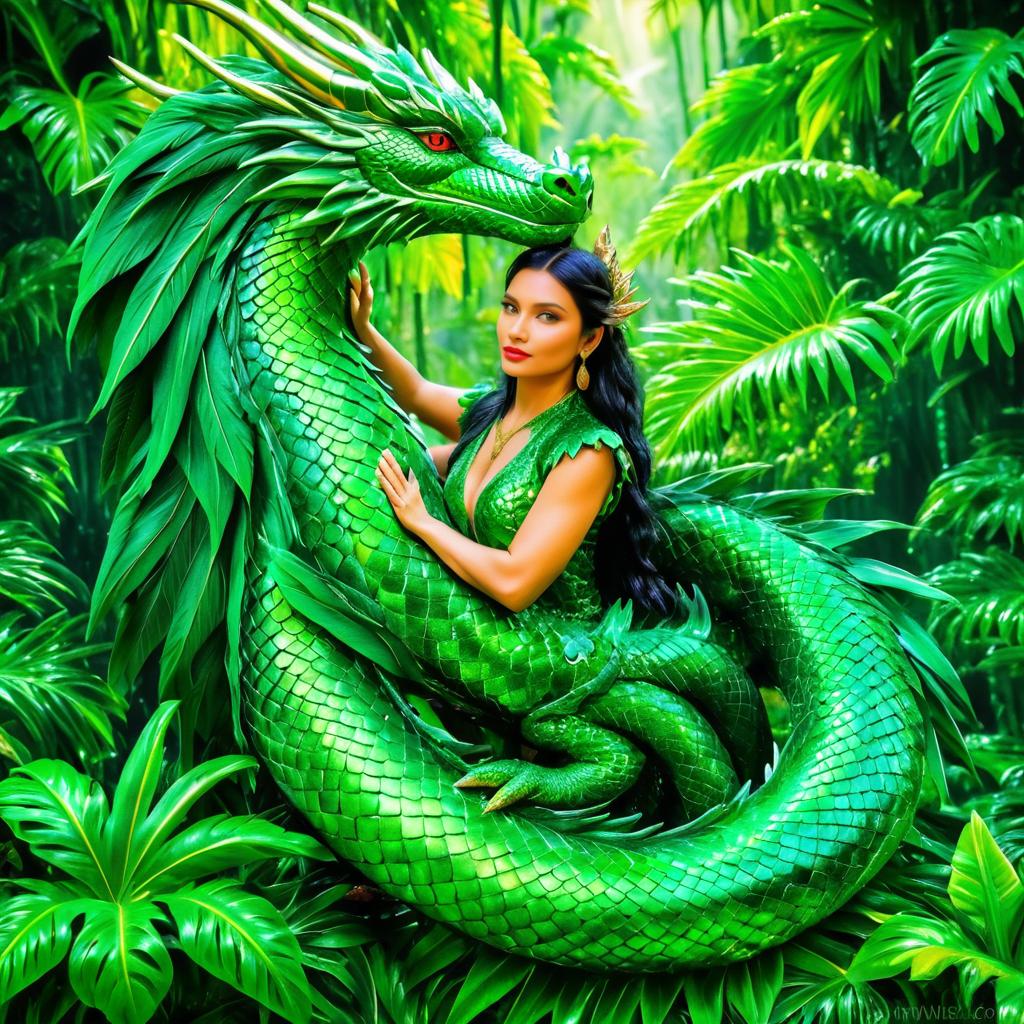 Emerald Dragon and Woman in Jungle