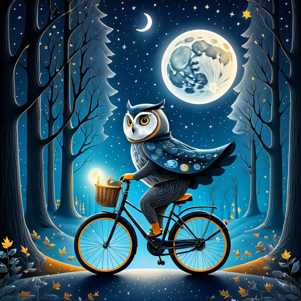 Owl Riding Bicycle in Moonlit Forest