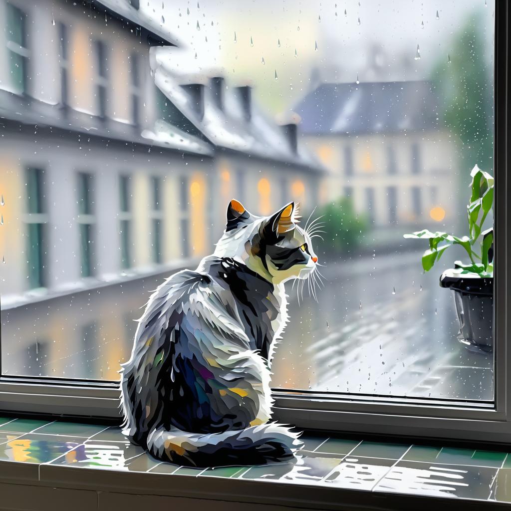 Impressionist Cat on Rainy Window Sill