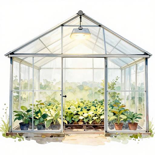 Watercolor illustration of a glass greenhouse with potted plants inside, sunlight streaming through, and a triangular roof structure. Bright, vibrant colors.
