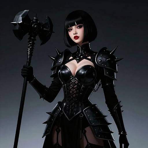 Digital artwork of a fierce, pale-skinned woman with black bob haircut, red lipstick, and black spiked armor holding a large black axe. Dark gradient
