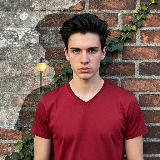 Young man with dark hair, pale skin, wearing a red V-neck shirt, stands against a brick wall with ivy and a lamp. Photoreal