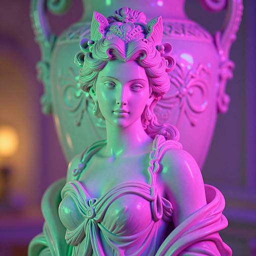 Photograph of a neon-lit, intricately detailed sculpture of a serene, classical woman with flowing hair and ornate headpiece, standing in front