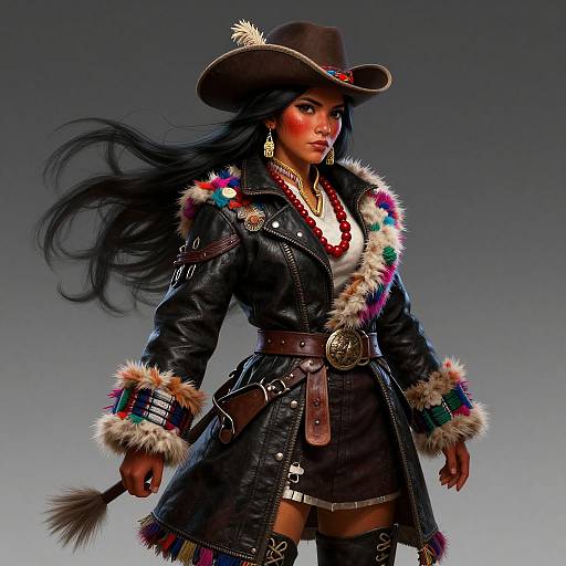 Digital artwork of a fierce, Asian woman in a black leather cowboy outfit with colorful fur trim, brown hat, and large belt buckle. She holds a