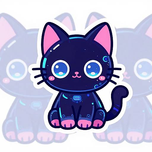 Cute digital drawing of a chibi-style black cat with glowing blue eyes, neon blue patterns, pink ears and paws, and a smiling pink