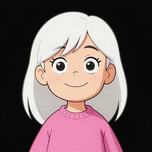 Digital cartoon of a cute, smiling young girl with large black eyes, white hair, and pink sweater, set against a black background.