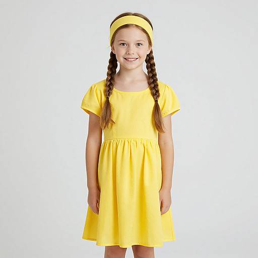 Photograph of a young girl with braided brown hair, wearing a bright yellow dress and headband, smiling against a plain white background.