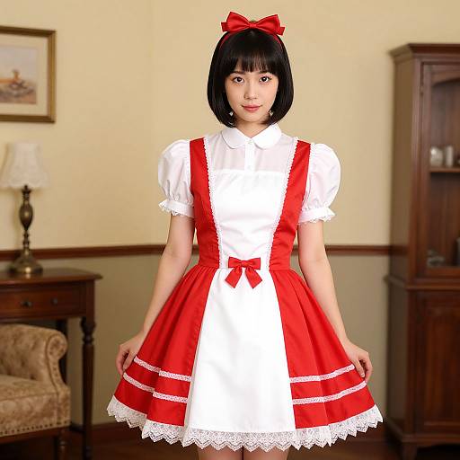 Woman in Red and White Dress