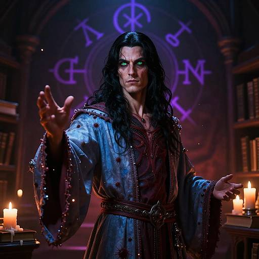 Photorealistic CGI of a muscular man with long black hair in a blue, star-embroidered robe, glowing green eyes, surrounded by candles