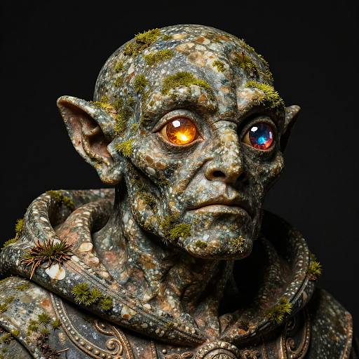 Photorealistic CGI goblin with moss-covered, textured face, heterochromatic eyes (one orange, one blue), and intricate, worn armor against
