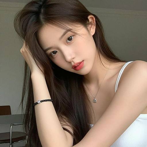 Photograph of an attractive Asian woman with long black hair, fair skin, and red lips, wearing a white tank top and black bracelet, touching her