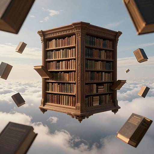 Floating Ancient Library in Ethereal Clouds