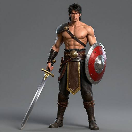 CGI image of a muscular, shirtless warrior with black hair, holding a sword and red shield, wearing leather armor and boots.