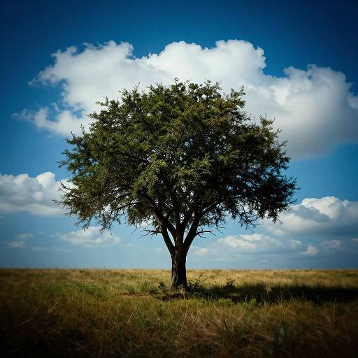 Photograph of a solitary, leafy tree standing in a grassy field under a vivid blue sky with scattered white clouds.