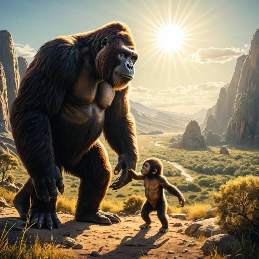 Gigantopithecus and Infant in Prehistoric Landscape Gigantopithecus and Infant in Prehistoric Landscape