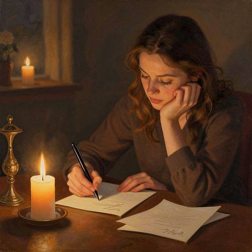 Photograph of a pensive woman with wavy brown hair, wearing a dark brown sweater, writing by candlelight in a dimly lit room.