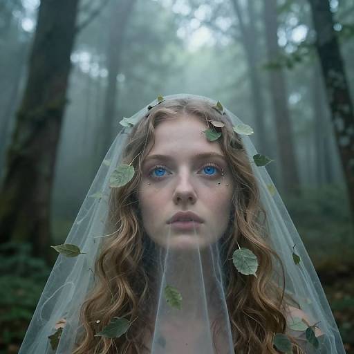 Photograph of a fair-skinned woman with blue eyes, wearing a translucent veil adorned with green leaves, in a misty forest.