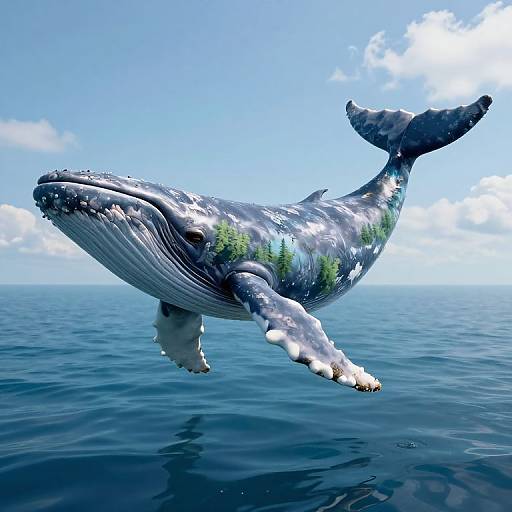 Photorealistic CGI of a large humpback whale with green forest patterns swimming in a calm blue ocean under a clear sky.