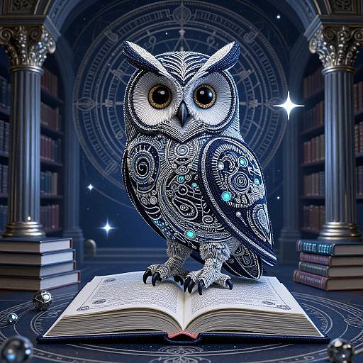 Digital illustration of a intricately patterned owl with large, expressive eyes perched on an open book in a mystical library.