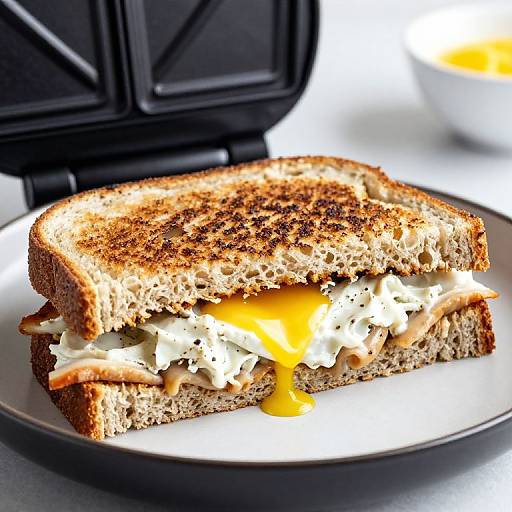 Photograph of a grilled cheese and ham sandwich with melted orange cheese, on a white plate, partially cut, against a black lunchbox background.