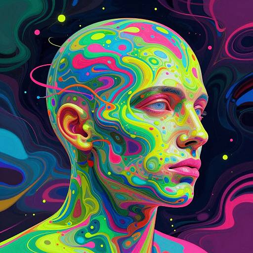Digital artwork of a bald, androgynous face with vibrant, swirling psychedelic patterns in neon colors against a dark, abstract background.