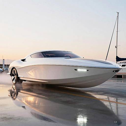 Photograph of a sleek, white, modern speedboat with a low profile, parked on a wet, reflective marina dock at sunset.