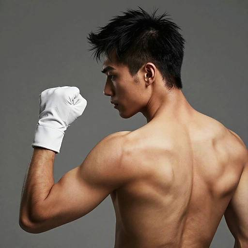 Photograph of a muscular, shirtless Asian man with short, spiky black hair, wearing white boxing glove, in a side profile, against a