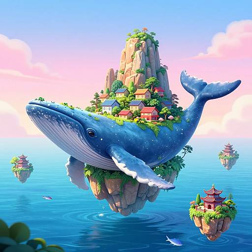 Digital art of a massive blue whale carrying a floating island with colorful houses, surrounded by smaller islands and a clear blue sky.