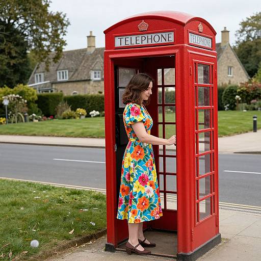 Photograph of a woman in a colorful floral dress using a red British telephone booth, with a suburban house and green lawn in the background.