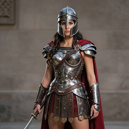 Photorealistic CGI of a fierce, young woman in medieval Roman-style armor with a red cape, helmet, and sword, standing against a stone wall