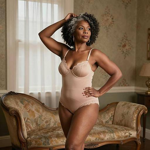 Confident Older Black Woman in Lingerie in Vintage Boudoir