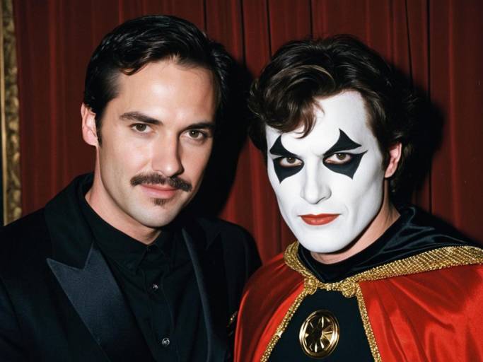 Two Men in Costume with Face Swap Effect