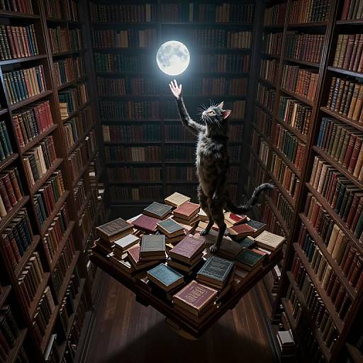 Photograph of a black cat with a white chest patch, reaching towards a glowing full moon, standing on a stack of books in a dimly lit
