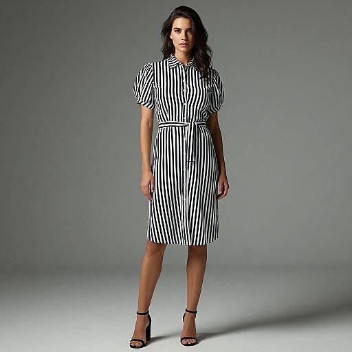 Photograph of a woman with long dark hair, wearing a black-and-white striped knee-length dress and black high heels, standing against a gray studio background
