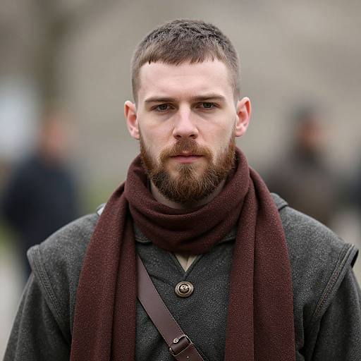 Photograph of a bearded white man with short dark hair, wearing a dark gray coat, maroon scarf, and brown strap, standing outdoors with