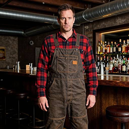 Photograph of a rugged man with short brown hair, wearing red plaid shirt and brown overalls, standing in a dimly lit bar with a