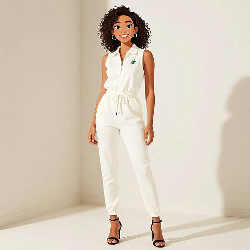 Energetic Woman in Sporty White Jumpsuit