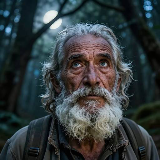 Photograph of a weathered, elderly man with white curly hair and beard, wide blue eyes, wearing brown suspenders, in a dimly lit