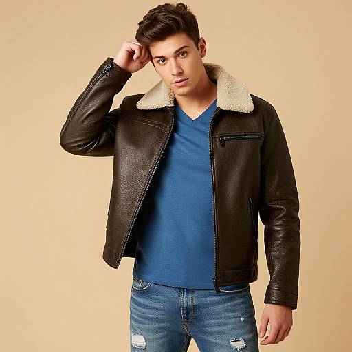 Photograph of a young man with short dark hair, wearing a black leather jacket with white shearling collar, blue V-neck shirt, and ripped blue