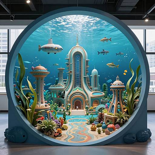 Photograph of a vibrant underwater cityscape in a circular aquarium display, featuring futuristic architecture, colorful fish, sea plants, and a winding blue path,