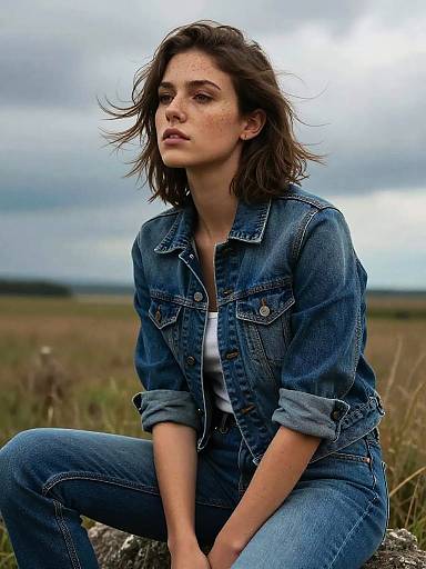 Young Woman in Denim Jacket Sitting Outdoors