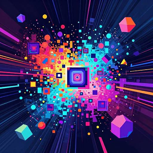 Vibrant digital artwork featuring colorful, glowing cubes and squares in neon blues, pinks, oranges, and yellows, radiating from a central