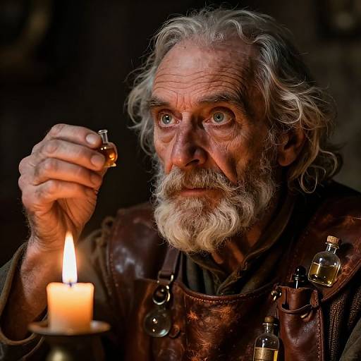 Photograph of an elderly man with white hair and beard, holding a lit candle and small bottle, wearing brown leather armor, in a dimly lit