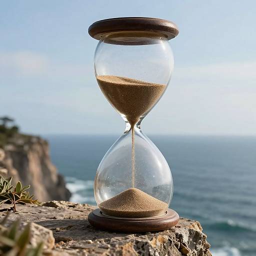 Photograph of an hourglass with sand on a rocky cliff overlooking a blue ocean under a clear sky.