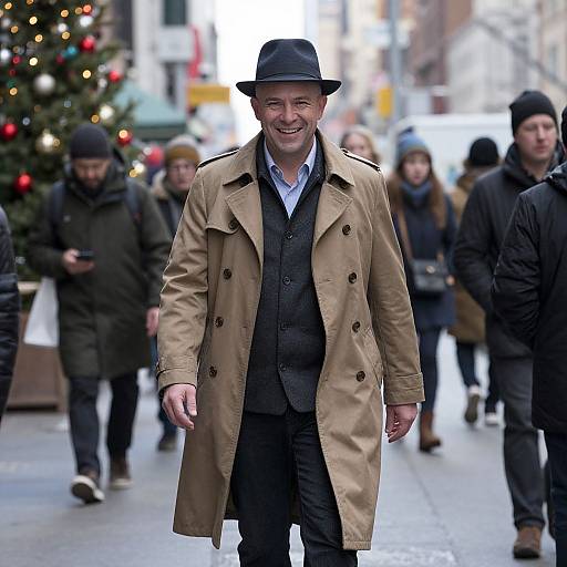 Photograph of a smiling man in a beige trench coat, black hat, and gray suit, walking on a busy, festive city street with Christmas lights