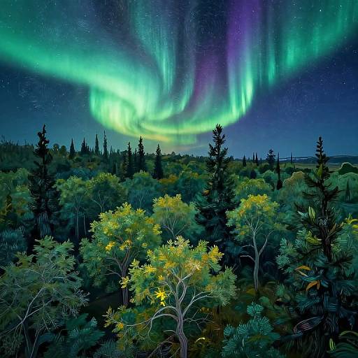 Photograph of a vibrant aurora borealis illuminating a dense forest of trees with green, yellow, and dark blue hues under a starry night