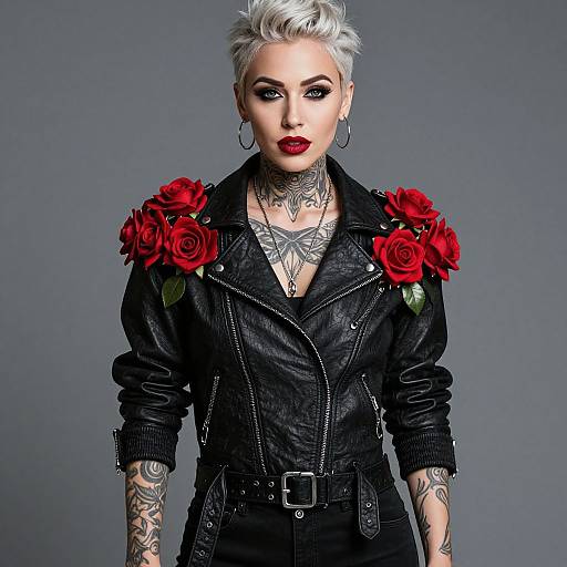 Edgy Woman in Rose-Adorned Leather Jacket